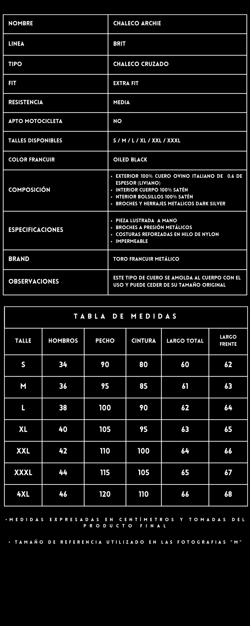 Tabla de medidas Chaleco Cruzado Archie by FRANCUIR